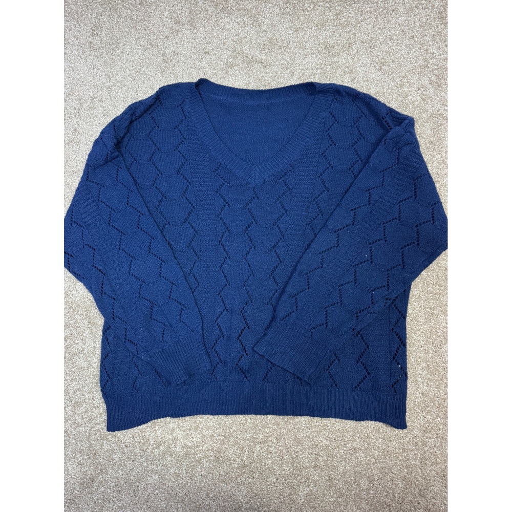 SHEIN Curve Womens 2XL Navy Blue Pointelle Diamond Knit V-Neck Relaxed Sweater